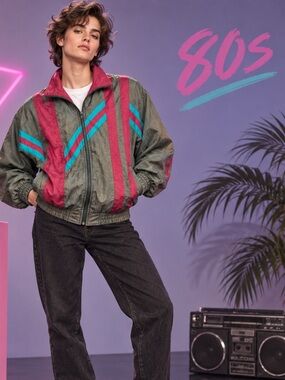 Vintage LAVON Olive Windbreaker Jacket with Pink & Teal Stripes size M